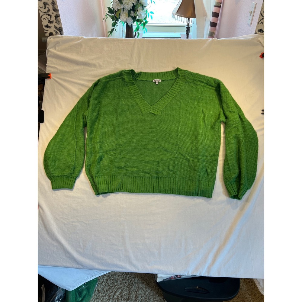 White Birch Green V-Neck Textured Knit Balloon Sleeve Sweater 2X T11152P